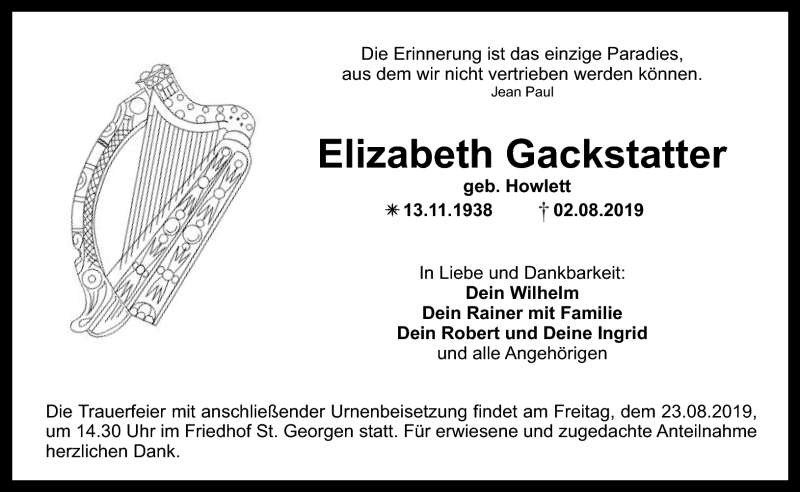  Traueranzeige für Elizabeth Gackstatter vom 20.08.2019 aus Nordbayerischer Kurier