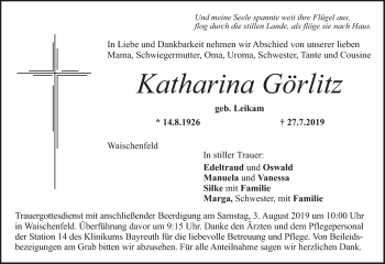 Anzeige von Katharina Görlitz von Nordbayerischer Kurier