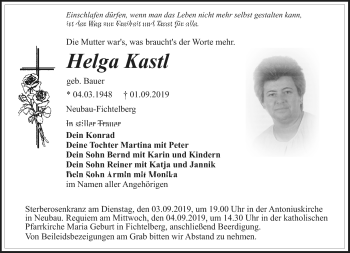 Anzeige von Helga Kastl von Nordbayerischer Kurier