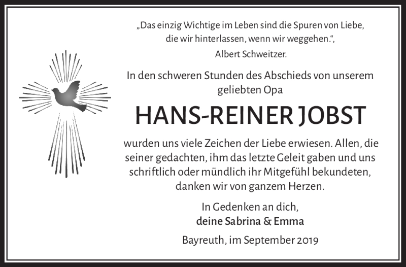  Traueranzeige für Hans-Reiner Jobst vom 28.09.2019 aus Nordbayerischer Kurier