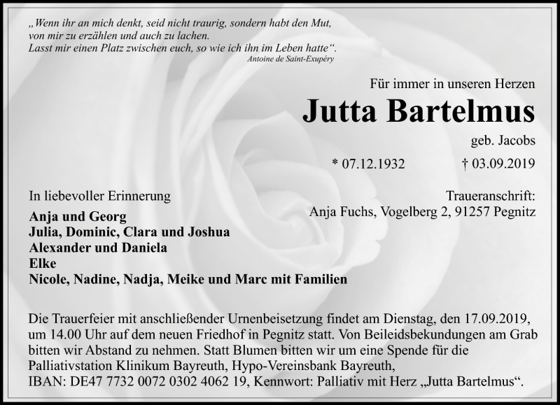  Traueranzeige für Jutta Bartelmus vom 12.09.2019 aus Nordbayerischer Kurier