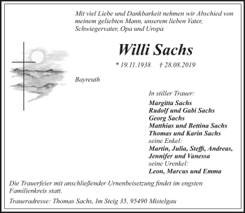 Anzeige von Willi Sachs von Nordbayerischer Kurier