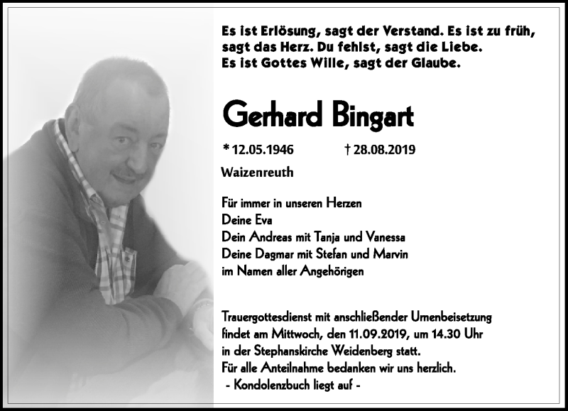  Traueranzeige für Gerhard Bingart vom 07.09.2019 aus Nordbayerischer Kurier