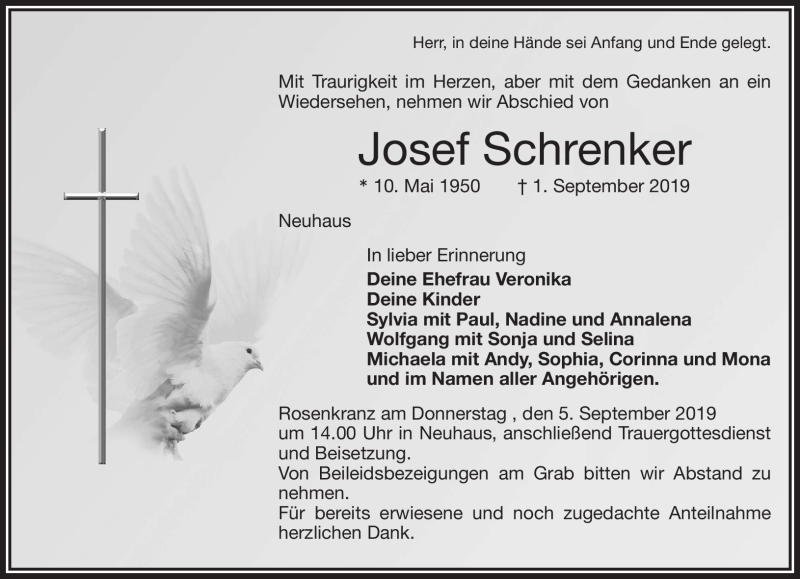  Traueranzeige für Josef Schrenker vom 04.09.2019 aus Nordbayerischer Kurier