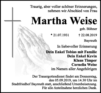 Anzeige von Martha Weise von Nordbayerischer Kurier