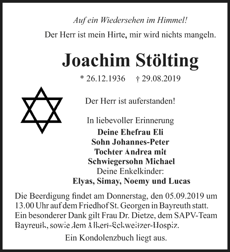  Traueranzeige für Joachim Stölting vom 04.09.2019 aus Nordbayerischer Kurier