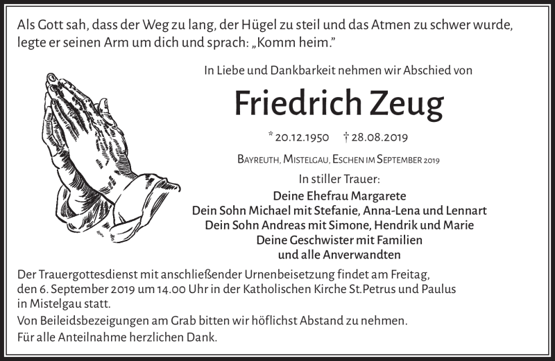  Traueranzeige für Friedrich Zeug vom 04.09.2019 aus Nordbayerischer Kurier