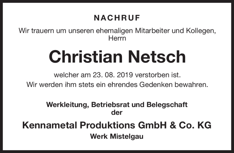  Traueranzeige für Christian Netsch vom 31.08.2019 aus Nordbayerischer Kurier