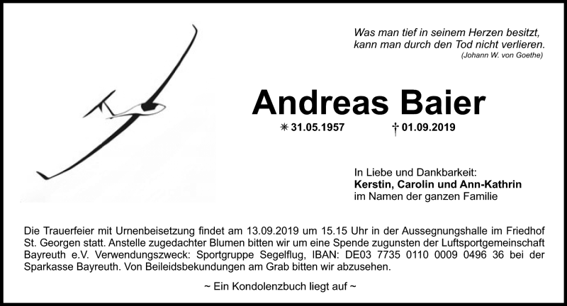  Traueranzeige für Andreas Baier vom 07.09.2019 aus Nordbayerischer Kurier