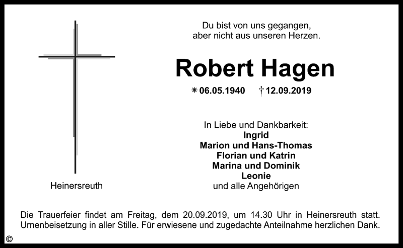  Traueranzeige für Robert Hagen vom 17.09.2019 aus Nordbayerischer Kurier