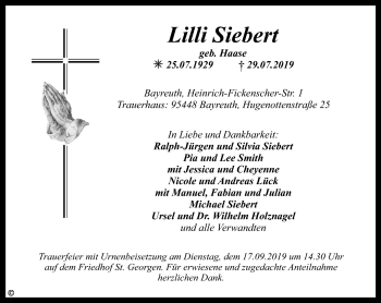Anzeige von Lilli Siebert von Nordbayerischer Kurier