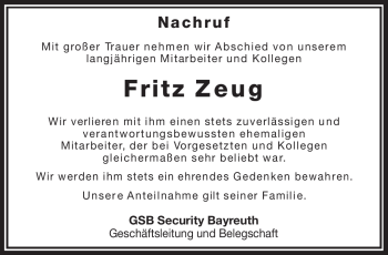 Anzeige von Fritz Zeug von Nordbayerischer Kurier