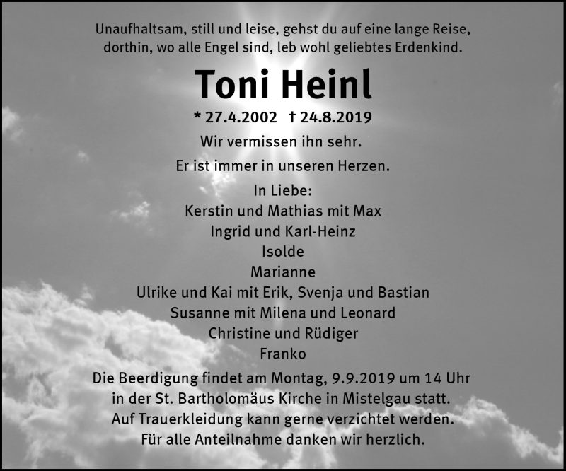  Traueranzeige für Toni Heinl vom 07.09.2019 aus Nordbayerischer Kurier