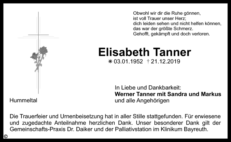  Traueranzeige für Elisabeth Tanner vom 11.01.2020 aus Nordbayerischer Kurier