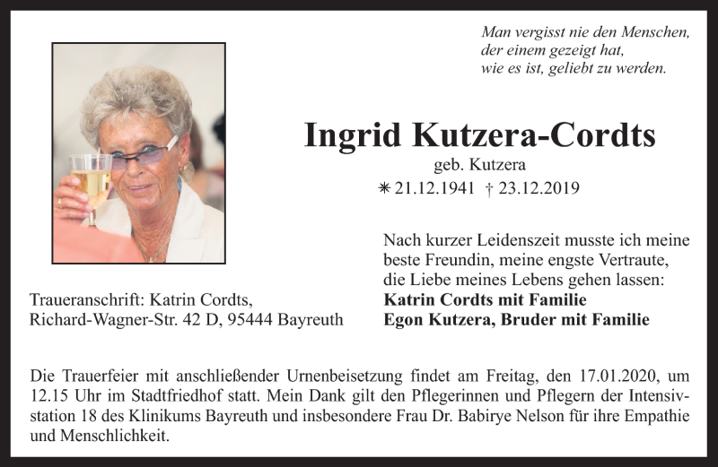  Traueranzeige für Ingrid Kutzera-Cordts vom 11.01.2020 aus Nordbayerischer Kurier