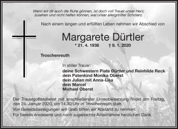 Anzeige von Margarete Dürtler von Nordbayerischer Kurier