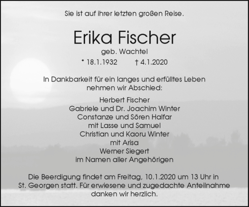  Traueranzeige für Erika Fischer vom 09.01.2020 aus Nordbayerischer Kurier