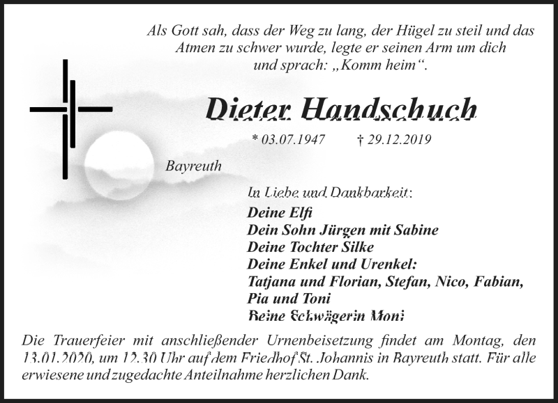  Traueranzeige für Dieter Handschuch vom 08.01.2020 aus Nordbayerischer Kurier