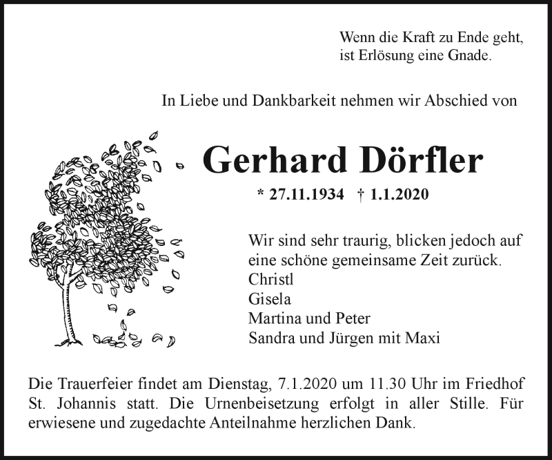  Traueranzeige für Gerhard Dörfler vom 04.01.2020 aus Nordbayerischer Kurier