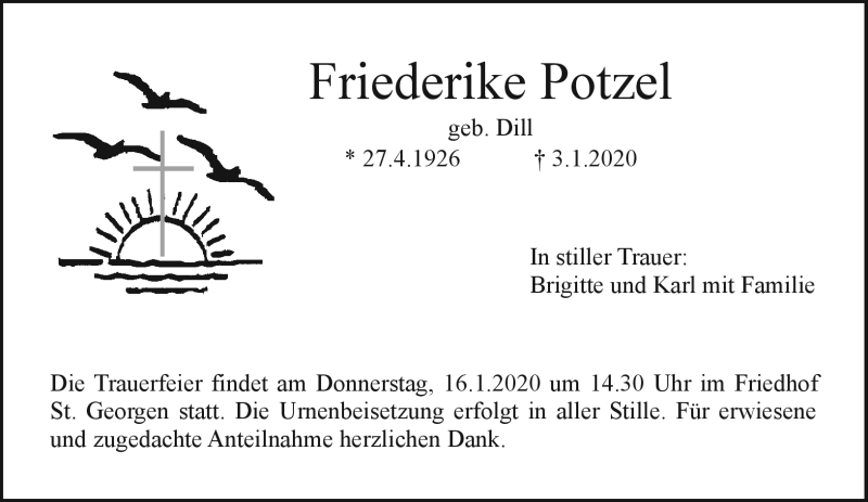  Traueranzeige für Friederike Potzel vom 15.01.2020 aus Nordbayerischer Kurier