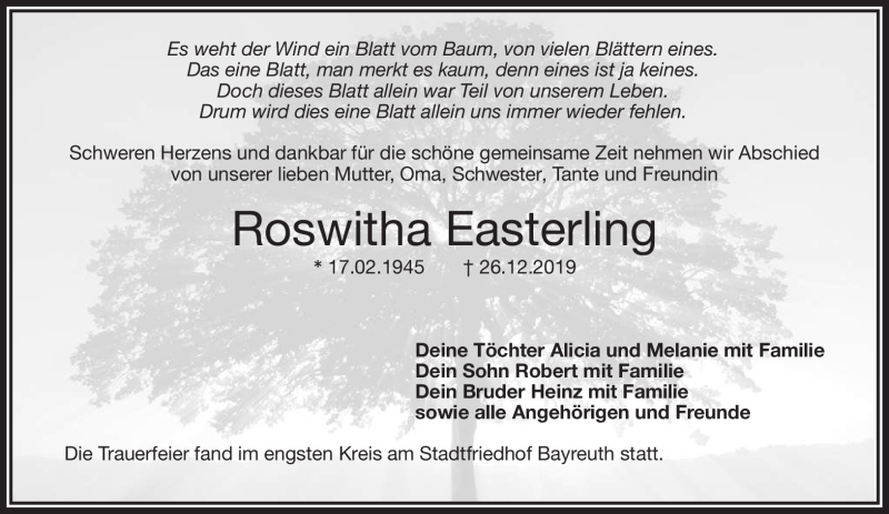  Traueranzeige für Roswitha Easterling vom 18.01.2020 aus Nordbayerischer Kurier