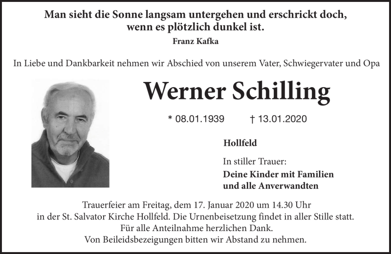  Traueranzeige für Werner Schilling vom 14.01.2020 aus Nordbayerischer Kurier