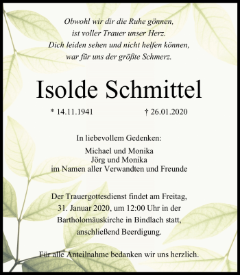 Anzeige von Isolde Schmitte von Nordbayerischer Kurier