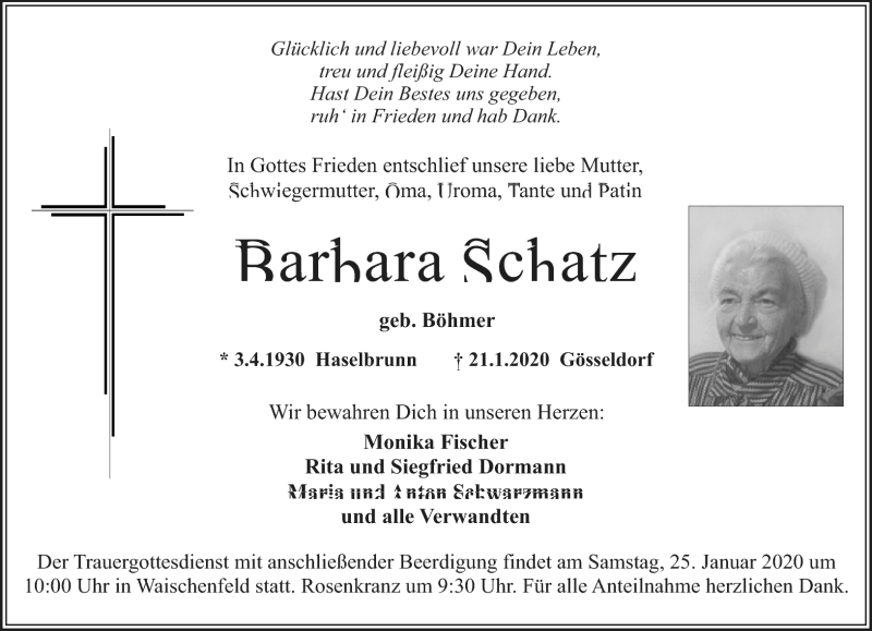  Traueranzeige für Barbara Schatz vom 23.01.2020 aus Nordbayerischer Kurier