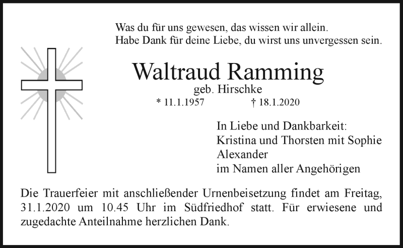  Traueranzeige für Waltraud Ramming vom 25.01.2020 aus Nordbayerischer Kurier