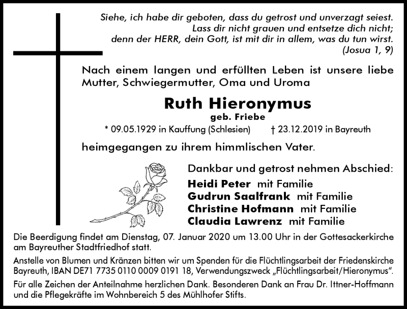  Traueranzeige für Ruth Hieronymus vom 03.01.2020 aus Nordbayerischer Kurier