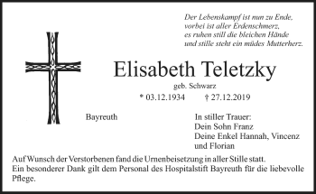 Anzeige von Elisabeth Teletzky von Nordbayerischer Kurier