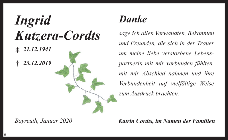  Traueranzeige für Ingrid Kutzera-Cordts vom 25.01.2020 aus Nordbayerischer Kurier