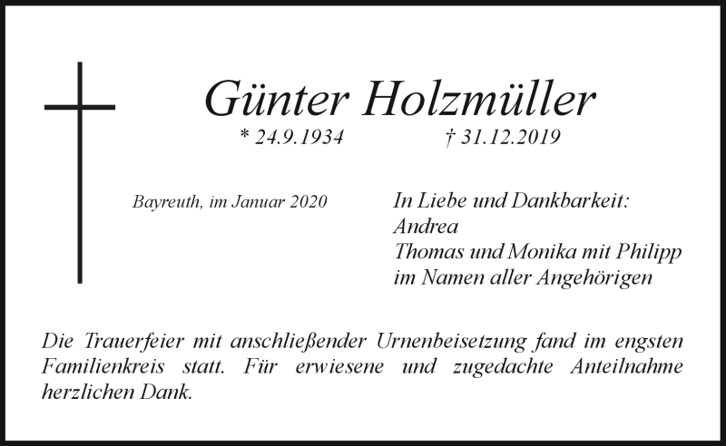  Traueranzeige für Günter Holzmüller vom 25.01.2020 aus Nordbayerischer Kurier