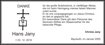 Anzeige von Hans Jany von Nordbayerischer Kurier