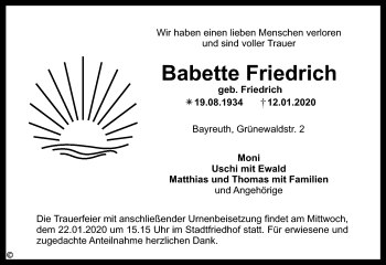 Anzeige von Babette Friedrich von Nordbayerischer Kurier