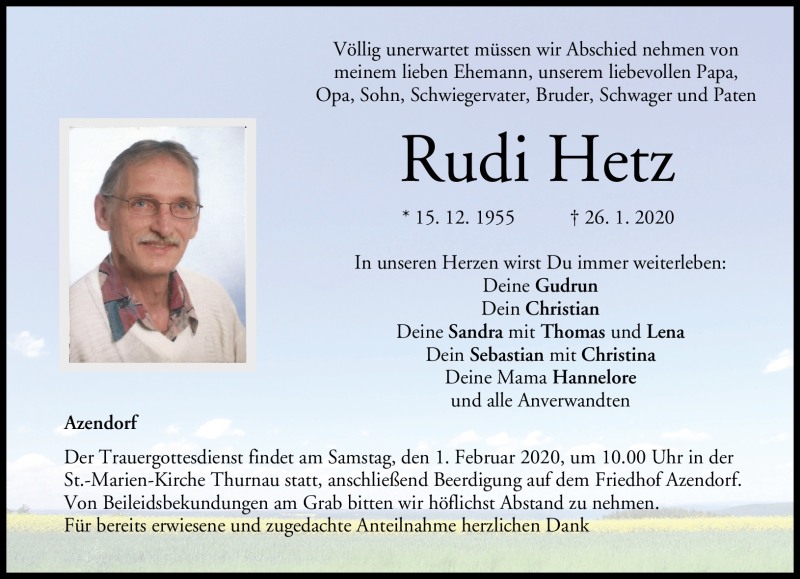  Traueranzeige für Rudi Hetz vom 30.01.2020 aus Nordbayerischer Kurier
