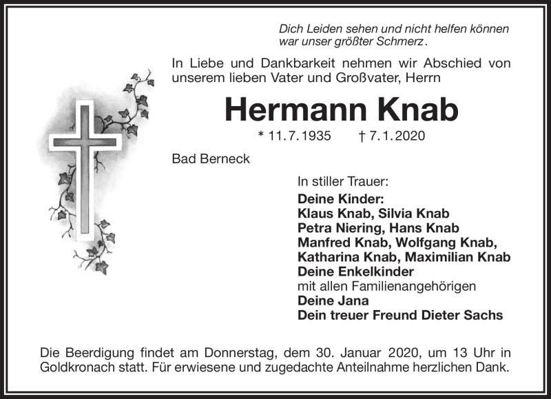  Traueranzeige für Hermann Knab vom 18.01.2020 aus Nordbayerischer Kurier
