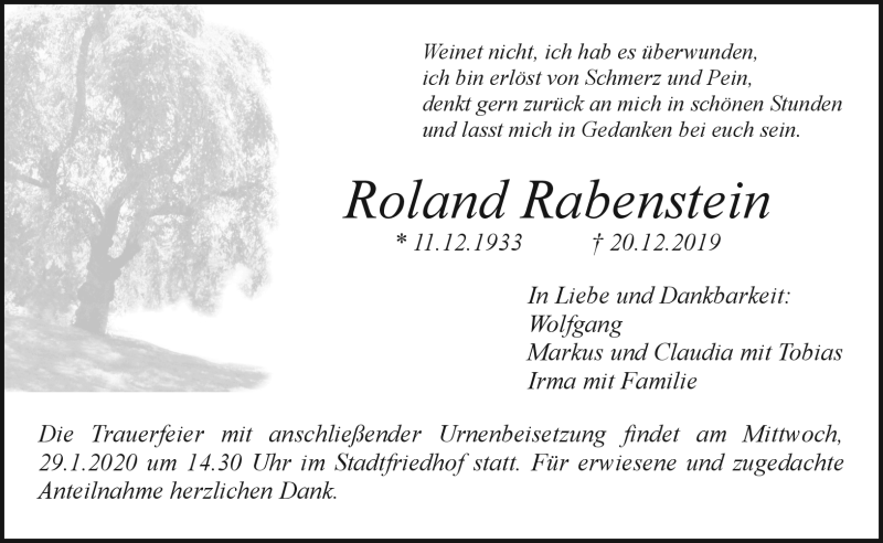  Traueranzeige für Roland Rabenstein vom 25.01.2020 aus Nordbayerischer Kurier