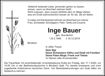 Anzeige von Inge Bauer von Nordbayerischer Kurier