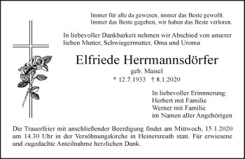 Anzeige von Elfriede Herrmannsdörfer von Nordbayerischer Kurier