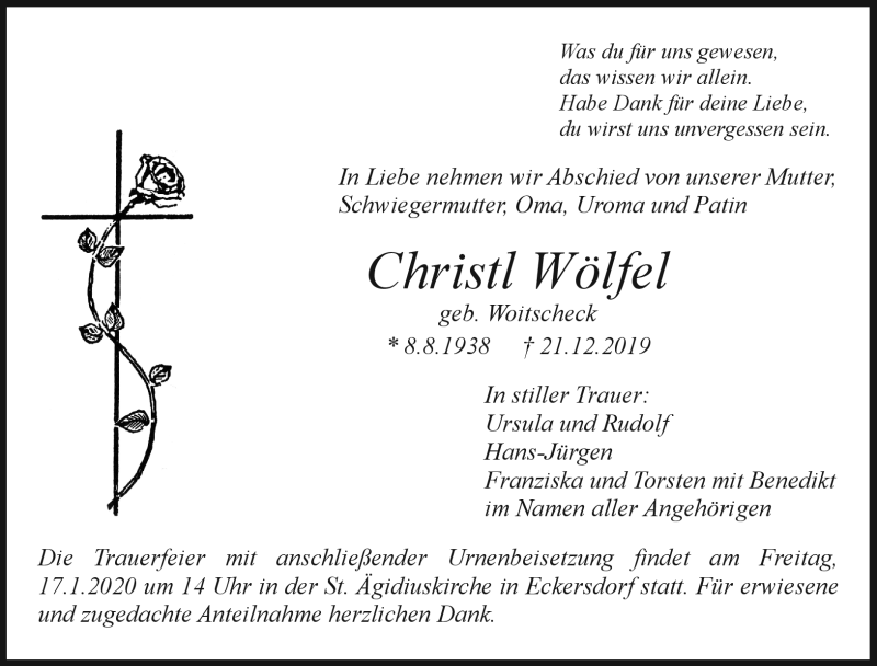 Traueranzeige für Christiana Wölfel vom 11.01.2020 aus Nordbayerischer Kurier