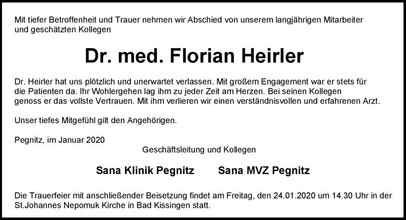 Traueranzeige für Florian Heirler vom 18.01.2020 aus Nordbayerischer Kurier