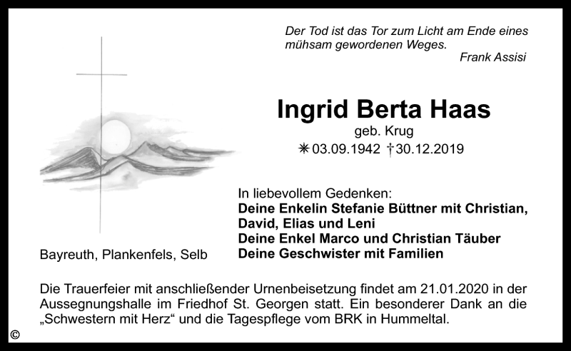  Traueranzeige für Ingrid Berta Haas vom 15.01.2020 aus Nordbayerischer Kurier