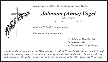 Anzeige von Johanna Vogel von Nordbayerischer Kurier