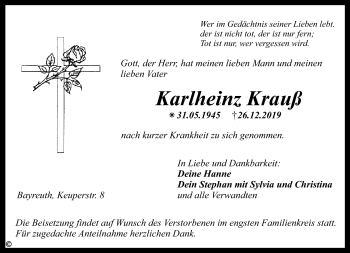 Anzeige von Karlheinz Krauß von Nordbayerischer Kurier