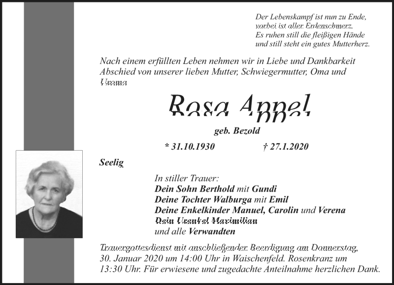  Traueranzeige für Rosa Appel vom 28.01.2020 aus Nordbayerischer Kurier
