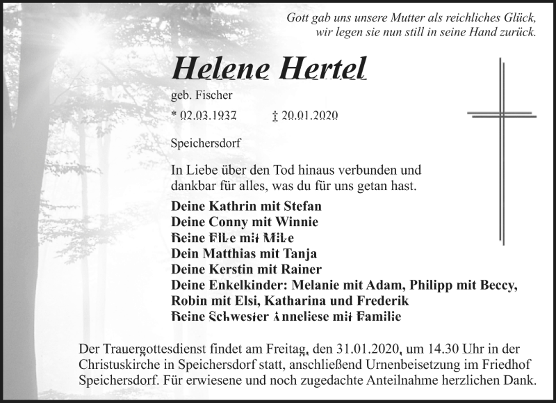  Traueranzeige für Helene Hertel vom 25.01.2020 aus Nordbayerischer Kurier