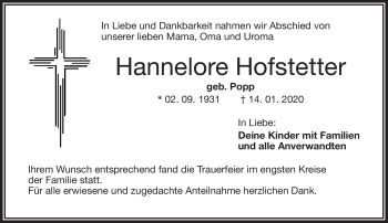 Anzeige von Hannelore Hofstetter von Nordbayerischer Kurier