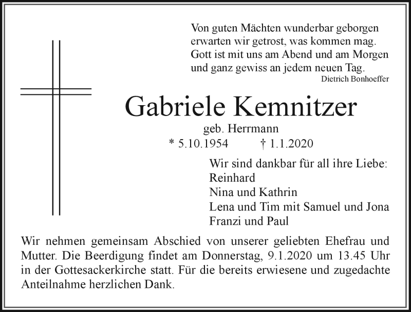  Traueranzeige für Gabriele Kemnitzer vom 04.01.2020 aus Nordbayerischer Kurier
