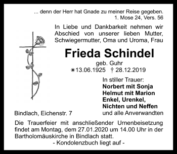 Anzeige von Frieda Schindel von Nordbayerischer Kurier